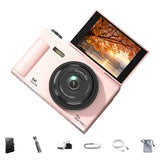 5K Digital Camera – 18X Zoom Flip Screen Point-and-Shoot with 64GB Memory Card Pink