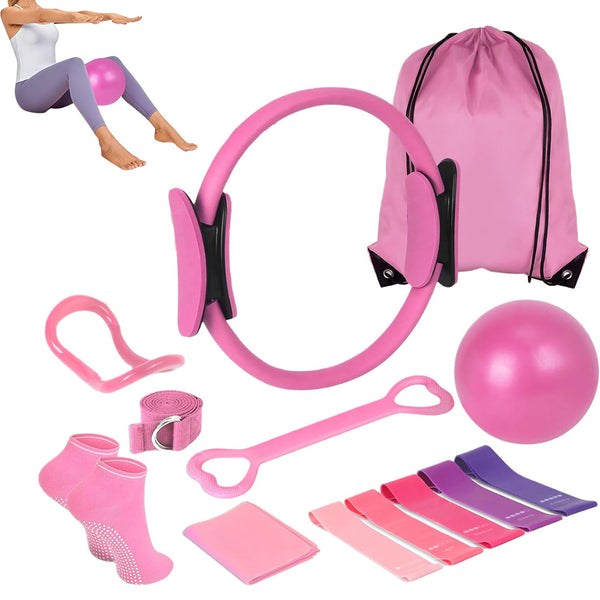 13PCS Home Pilates Essentials Kit – Includes Yoga Ball Resistance Band and Pilates Ring Pink