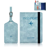 RFID Passport Cover and Luggage Tag Set PU Leather Travel Organizer Light Blue