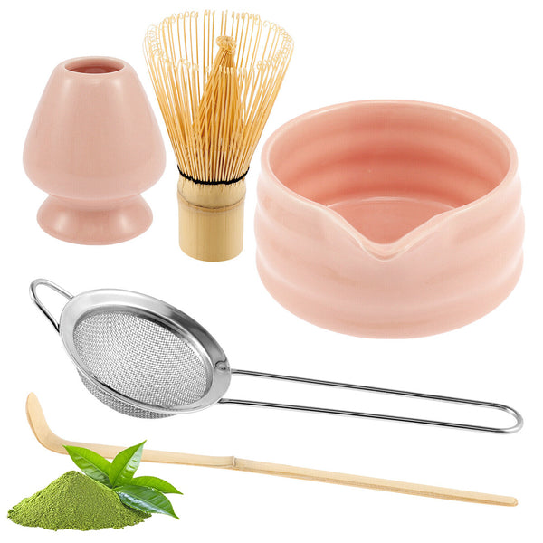 5-Piece Set Traditional Matcha Tea Tools Bamboo Whisk Ceramic Bowl Accessories for Matcha Brewing Pink