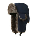 Trapper Hat with Warm Faux Fur – Russian Bomber Pilot Winter Hat Dark Navy Blue