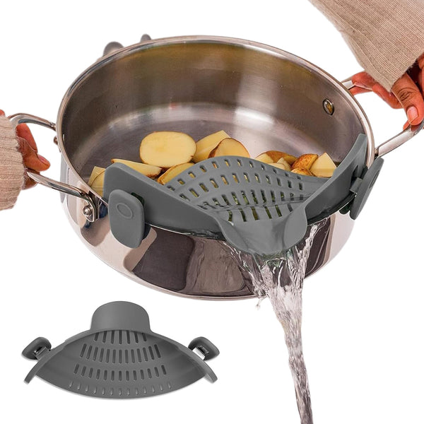 Clip-On Silicone Kitchen Strainer – For Pasta  Noodles  Vegetables  Fruit Gray