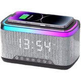4-in-1 Bluetooth Stereo Sound Speaker with RGB Light Fast Wireless Phone Charger Alarm Clock White Noise Machine Black