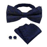 4 Piece Pre Tied Bow Tie Pocket Square and Cufflink Set Jacquard Dark Blue