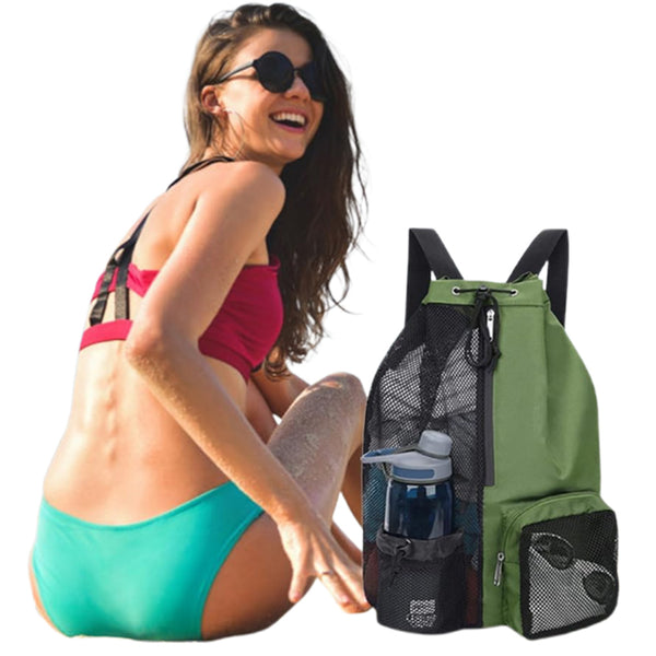 Swim Bag with Wet Pocket Mesh Drawstring Backpack for Swimming Gym Green