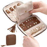 PU Leather Jewelry Organizer Bag Multi Compartment for Travel with Velvet Brown