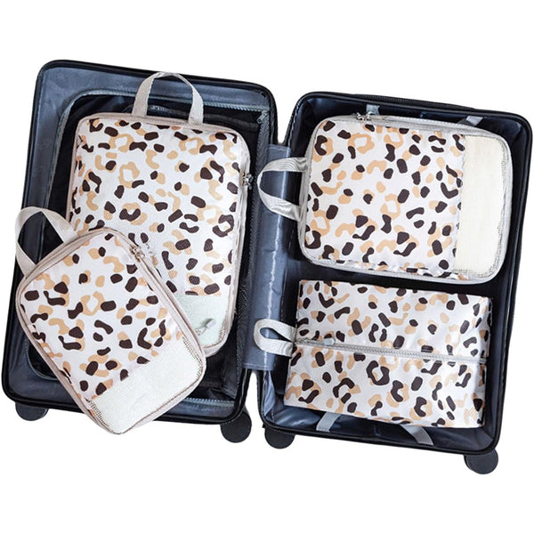 4Pcs Travel Compression Packing Cubes Expandable Luggage Organizers Leopard