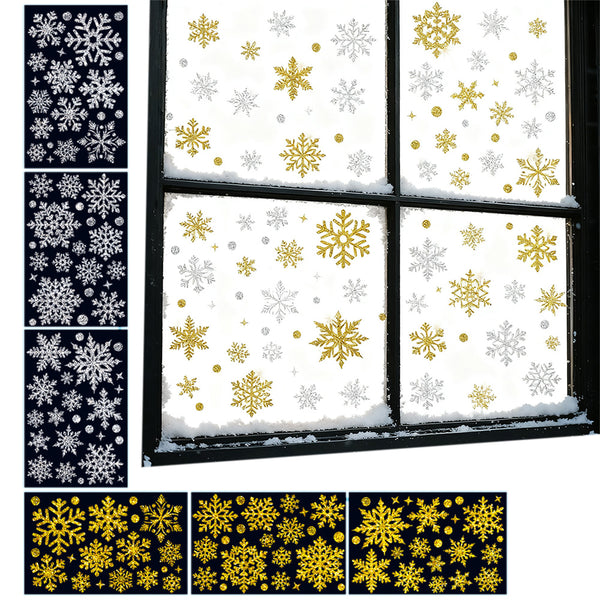 Christmas Window Clings – Snowflakes Static Stickers in Gold and Silver for Holiday Decorations Style 3