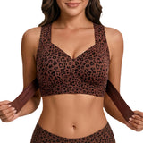 Seamless Front Closure Bra Wireless Full Coverage Cross Back Women Dark Brown Leopard