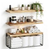 3 PCS Engineered Wood Wall Shelves with Metal Storage Basket Natural Wood Color