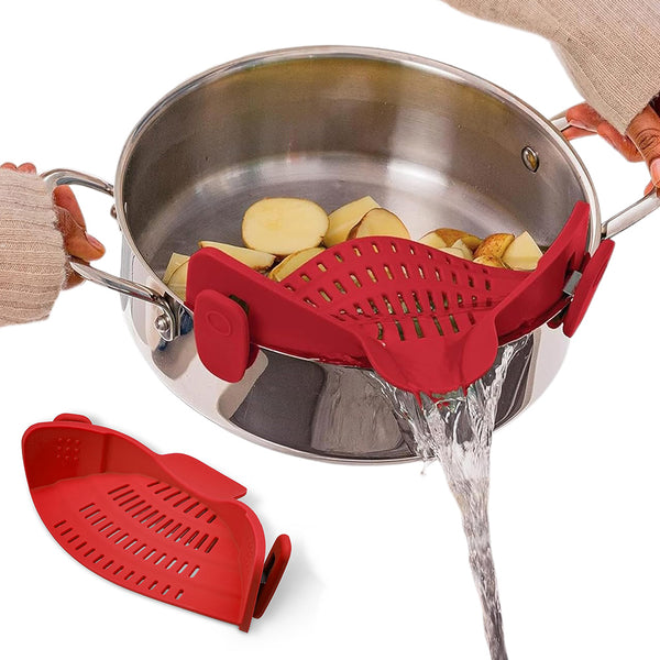 Clip-On Silicone Kitchen Strainer – For Pasta  Noodles  Vegetables  Fruit Red