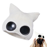 Double Layer Winter Beanie with Goggles Cute Cat Ear Knit Hat for Winter White