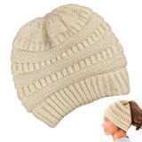 Women's High Bun Ponytail Hat Cable Knit Winter Beanie for Girls Beige