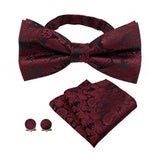 4 Piece Pre Tied Bow Tie Pocket Square and Cufflink Set Jacquard Red