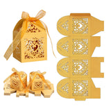 50 PCS Laser Cut Pearl Paper Candy Favor Boxes with Ribbons Gold