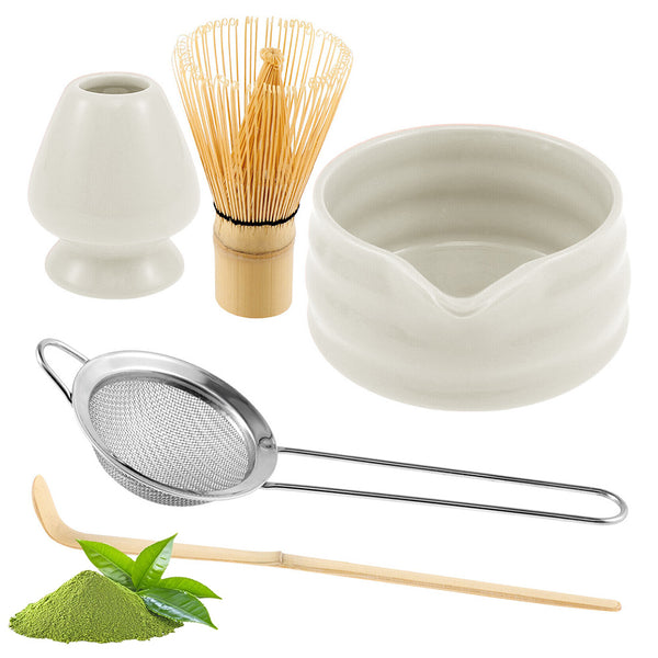 5-Piece Set Traditional Matcha Tea Tools Bamboo Whisk Ceramic Bowl Accessories for Matcha Brewing White