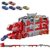 Foldable Dino Carrier Truck Dual Tracks with 6 Mini Cars for Home Outdoors Red