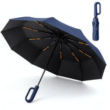 Automatic 10-Rib Folding Umbrella with Carabiner Handle Windproof Blue