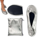 Foldable Women's Indoor Ballet Flats Roll-Up Dance Shoes Silver