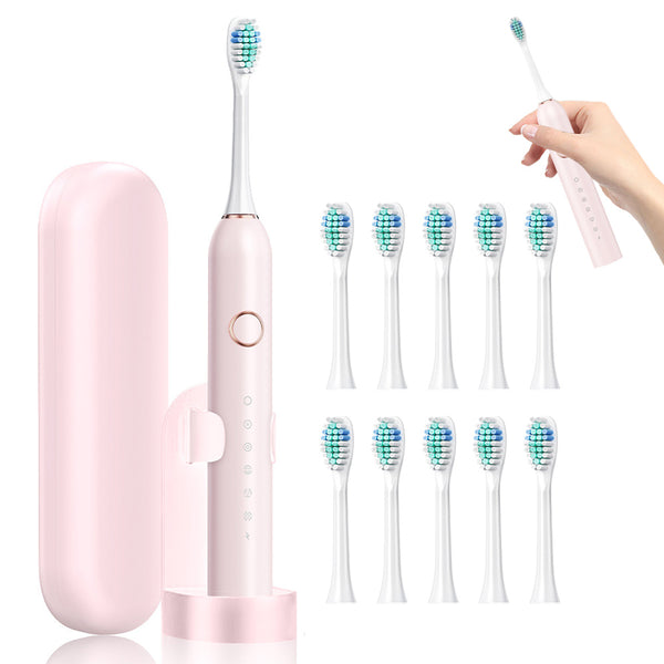 6-Mode Electric Toothbrush with 10 Brush Heads Rechargeable  Toothbrush Set for Home Travel Pink