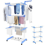 4 Tier Folding Drying Rack with Wheels Clothes Air Drying Rack Blue