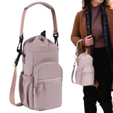 Multi-pocket Water Bottle Sleeve with Adjustable Strap Insulated Bottle Carrier Sling Bag for Walking Hiking Pink