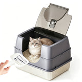 Stainless Steel Litter Box with Lid Front Entry Top Exit Kitty LitterBox with Large Space and Odor Control