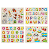 4 Sets Wooden Peg Puzzle for Girls & Boys with Alphabet Numbers Animals Dinosaurs Vehicles