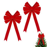 2 PCS Large Red Flocked Christmas Bows with Gold Edges for Tree and Wreath