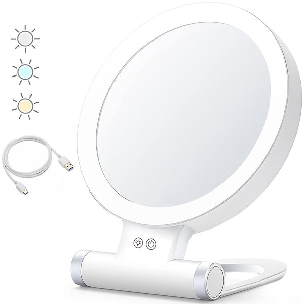 Double-Sided 1X/30X Magnifying Foldable Makeup Mirror with 3 Color Lights
