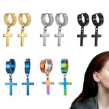 Unisex Cross Dangle Hoop Huggie Earrings – Stainless Steel Ear Studs for Men & Women