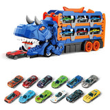 Dinosaur Truck Toy with 12 Alloy Cars Transforming Car Carrier Dinosaur with 145cm Dual Race Track Car Swallowing Transport Truck Toy Set Blue