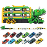 Dinosaur Truck Toy with 12 Alloy Cars Transforming Car Carrier Dinosaur with 145cm Dual Race Track Car Swallowing Transport Truck Toy Set Green