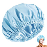 Reusable Polyester Satin Shower Cap Double-Layer Water-Resistant for Women Blue