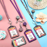 FancyGrab 4Pcs Vertical PU Leather ID Badge Holder with Rhinestone Lanyard Metal Clip and Key Ring