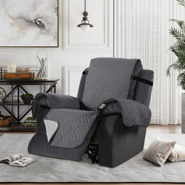 Waterproof Reversible Quilted Recliner Chair Cover Sofa Slipcover with Non Slip Strap Couch Protector Grey
