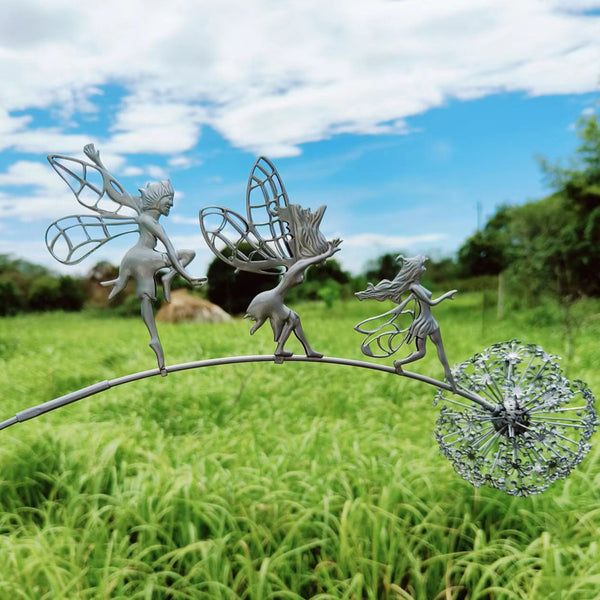 Fairies Dandelions Dance Together Outdoor Garden Statue Stainless Steel Yard Fairy Sculpture Garden Decoration-Style 1