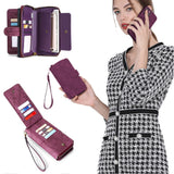 For iPhone 14 Series Women Wallet Case Flip Detachable with Card Holder Phone Cover Purse Wine Red