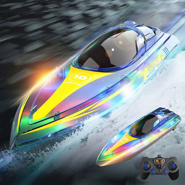 Kids RC Boats with LED Light 2.4GHz 15KM/H Speed Racing Remote Control Ship