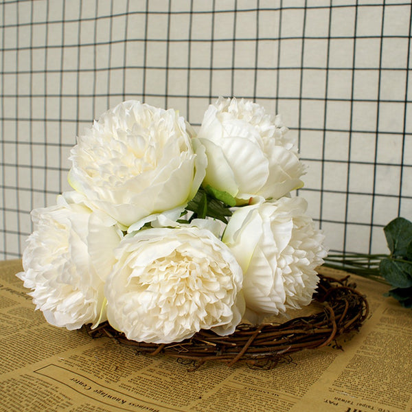 1 x 5 Heads Artificial Flower Fake Peonies Silk Home Wedding Party Decor-White