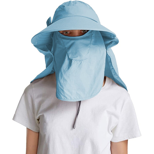Women's Sun Cap Fishing Hats Detachable Face Mask Neck Flap Visor Wide Brim Sun Protection Hiking Hats Blue