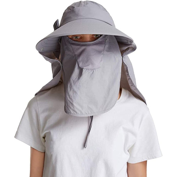Women's Sun Cap Fishing Hats Detachable Face Mask Neck Flap Visor Wide Brim Sun Protection Hiking Hats Grey