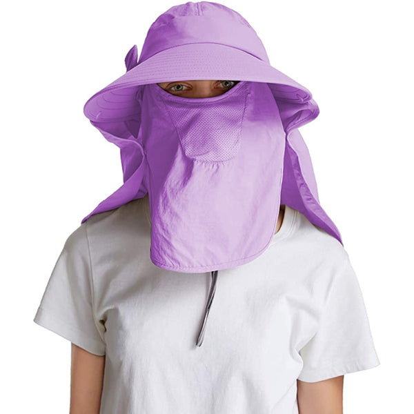 Women's Sun Cap Fishing Hats Detachable Face Mask Neck Flap Visor Wide Brim Sun Protection Hiking Hats Purple