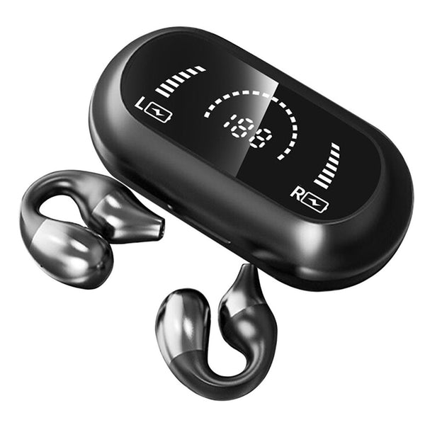 Wireless Bluetooth Headphones Ear Clip Earphones Sports Earbuds With LED Power Display Charging Case Black