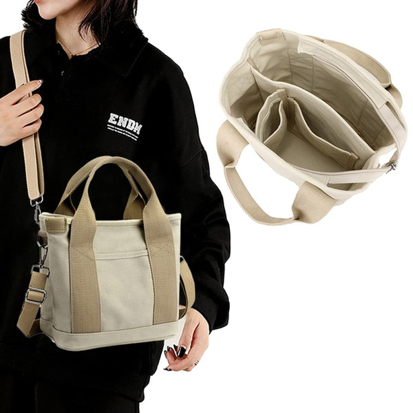 Women's Multi-pocket Tote Bag Zipper Crossbody Canvas Bags Handbag Satchel Small Bag Khaki