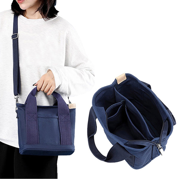 Women's Multi-pocket Tote Bag Zipper Crossbody Canvas Bags Handbag Satchel Small Bag Navy