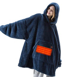 Unisex Heated Hooded Blanket Wearable Blanket Hoodie Navy Blue