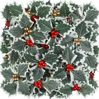 60 Pcs Artificial Holly Berries With Green Leaves
