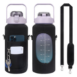 2L Large-capacity Water Bottle with Time Markings Motivational Drink Flask and Bottle Pouch Sleeve -Purple