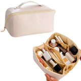 Large Capacity Travel Cosmetic Bag Makeup Organizer with Brushes Slots Divider-Beige